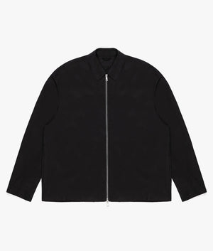 Oversized Tencel Rider Jacket in Black by MKI MIYUKI ZOKU. EQVVS Front Flat Shot.