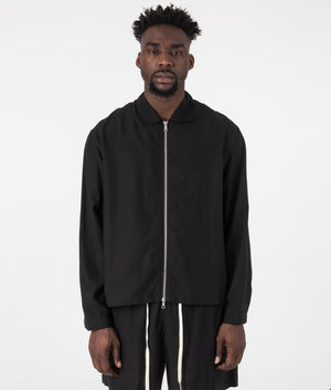 MKI Oversized Tencel Rider Jacket in Black. Front angle model shot at EQVVS.