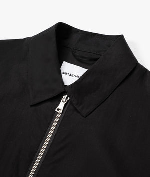 Oversized Tencel Rider Jacket in Black by MKI MIYUKI ZOKU. EQVVS Detail Shot.