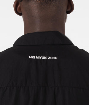 MKI Oversized Tencel Rider Jacket in Black. Detail angle model shot at EQVVS.