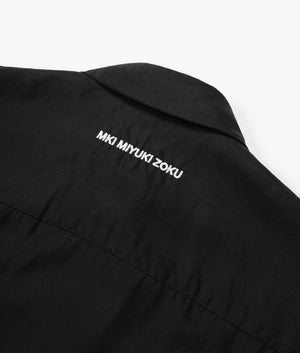 Oversized Tencel Rider Jacket in Black by MKI MIYUKI ZOKU. EQVVS Detail Shot.