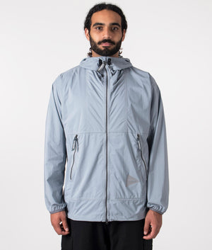 Nylon pertex jacket in light blue by and wanrder. shot at EQVVS. Front shot. 