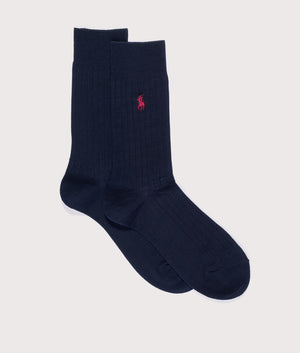 Polo Ralph Lauren Ribbed Trouser Socks in Navy. Shot at EQVVS. Main shot. 