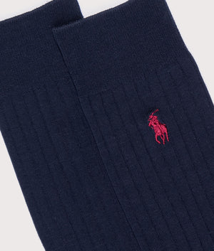 Polo Ralph Lauren Ribbed Trouser Socks in Navy. Shot at EQVVS. Detail shot. 