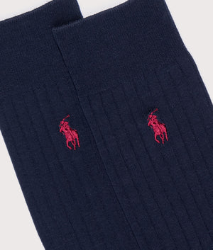 Rib Knit Trouser Socks in Navy by Polo Ralph Lauren. Shot at EQVVS. Detail shot. 