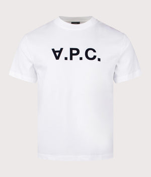 A.P.C. Grand VPC Logo GOTS T-Shirt in White / Dark Grey. Shot at EQVVS.  Front shot. 