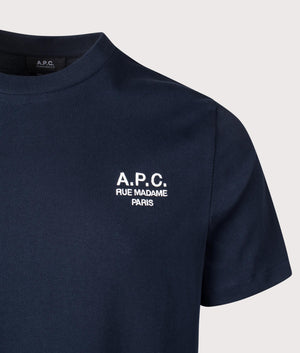 A.P.C. Rue Madame GOTS T-Shirt in Dark Navy. Shot at EQVVS.  Detail shot. 