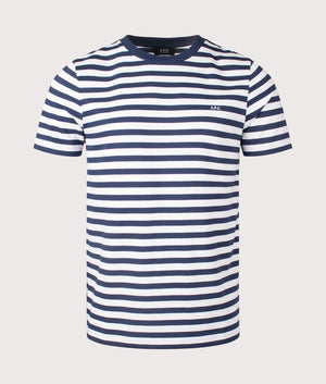 A.P.C. APC Embroidered Striped T-Shirt in Dark Navy. Shot at EQVVS.  Front shot. 