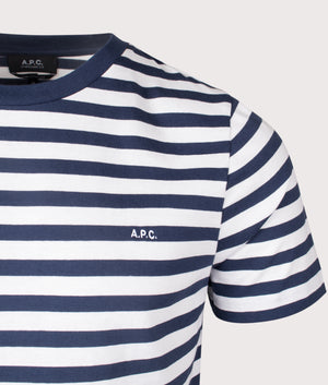 A.P.C. APC Embroidered Striped T-Shirt in Dark Navy. Shot at EQVVS. Detail shot.