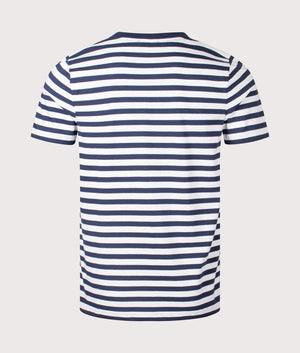 A.P.C. APC Embroidered Striped T-Shirt in Dark Navy. Shot at EQVVS.  Back shot. 