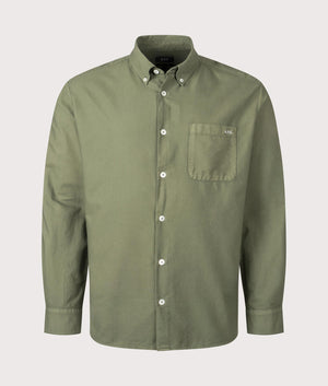 A.P.C. Mateo Logo Shirt in Military Green. Shot at EQVVS. Front shot.