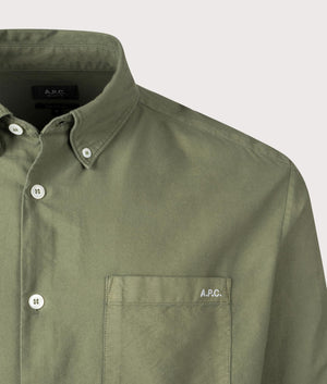 A.P.C. Mateo Logo Shirt in Military Green. Shot at EQVVS. Detail shot. 