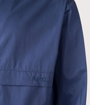 A.P.C. Joe Windbreaker in Marine Blue. Shot at EQVVS.  Detail shot.