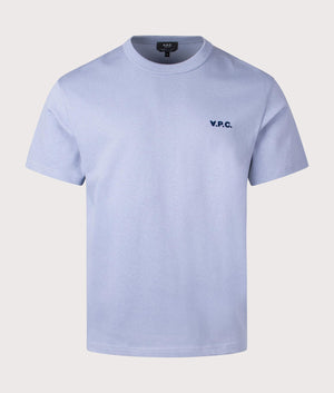 A.P.C. Relaxed Fit Petit VPC Logo T-Shirt in Blue Grey/Dark Navy. Shot at EQVVS.  Front shot. 