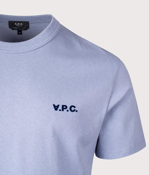 A.P.C. Relaxed Fit Petit VPC Logo T-Shirt in Blue Grey/Dark Navy. Shot at EQVVS.  Detail shot. 