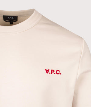 A.P.C. Relaxed Fit Petit VPC Logo Sweatshirt in Mastic/Rouge. Shot at EQVVS.  Detail shot. 