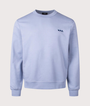 A.P.C. Relaxed Fit Petit VPC Logo Sweatshirt in Blue Grey/Dark Navy. Shot at EQVVS.  Front shot. 