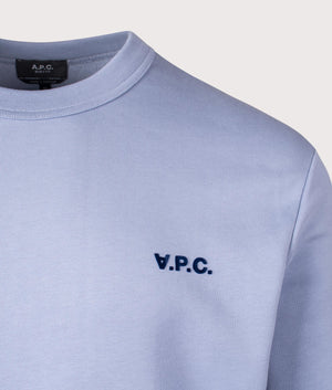 A.P.C. Relaxed Fit Petit VPC Logo Sweatshirt in Blue Grey/Dark Navy. Shot at EQVVS.  Detail shot. 