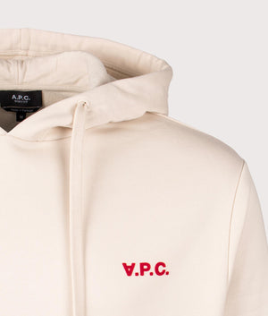 A.P.C. Relaxed Fit Petit VPC Logo Sweatshirt in Mastic/Rouge. Shot at EQVVS.  Detail shot. 