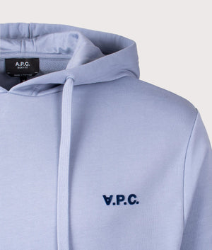 A.P.C. Relaxed Fit Petit VPC Logo Sweatshirt in Blue Grey/Dark Navy. Shot at EQVVS.  Detail shot.