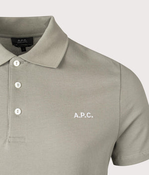 A.P.C. Relaxed Fit Standard Polo Shirt in Grey Green. Shot at EQVVS.  Detail shot. 