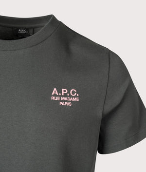 A.P.C. Relaxed Fit Rue Madame GOTS T-Shirt in Anthracite/Rose. Shot at EQVVS. Detail shot. 