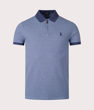 Polo Ralph Lauren Custom Slim Fit Stretch Mesh Polo Shirt in Spring Navy Heather/Isle Heather. Front angle shot at EQVVS. 