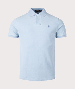 Custom Slim Fit Mesh Polo Shirt in Light Indigo by Polo Ralph Lauren. EQVVS Shot. 