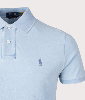 Custom Slim Fit Mesh Polo Shirt in Light Indigo by Polo Ralph Lauren. EQVVS Shot.