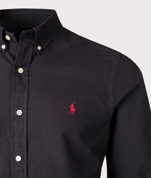 Polo Ralph Lauren Slim Fit Oxford Sport Shirt in Black. Shot at EQVVS. Detail shot. 