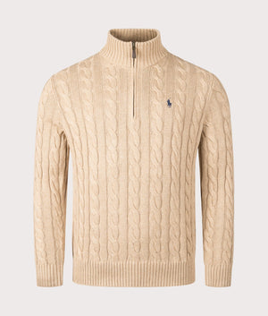 Polo ralph Lauren Cable Knit Quarter-Zip Jumper in Camel Melange, 100% cotton at EQVVS. Front shot. 