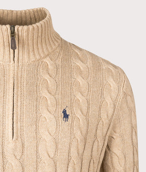 Polo ralph Lauren Cable Knit Quarter-Zip Jumper in Camel Melange, 100% cotton at EQVVS. Detailed logo shot. 