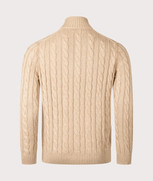 Polo ralph Lauren Cable Knit Quarter-Zip Jumper in Camel Melange, 100% cotton at EQVVS. Back shot. 