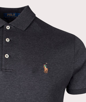 Custom Slim Fit Polo Shirt in Black Marl Heather by Polo Ralph Lauren. Shot at EQVVS. Detail shot. 