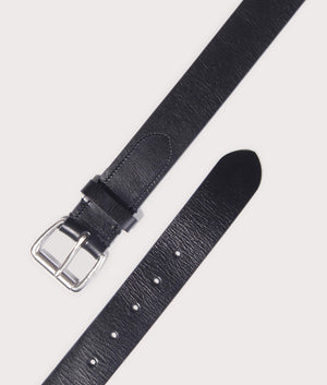 Tumbled Cow Leather Belt by Polo Ralph Lauren in black. Shot at EQVVS. Detail shot. 
