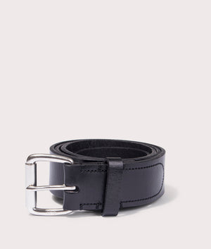 Tumbled Cow Leather Belt by Polo Ralph Lauren in black. Shot at EQVVS. Main shot. 