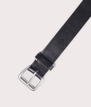 Tumbled Cow Leather Belt by Polo Ralph Lauren in black. Shot at EQVVS. Detail shot. 
