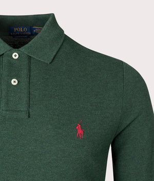 Polo Ralph Lauren, Custom Slim Fit Long Sleeve Polo Shirt, scotch pine heather, Eqvvs Menswear, detailed shot angle