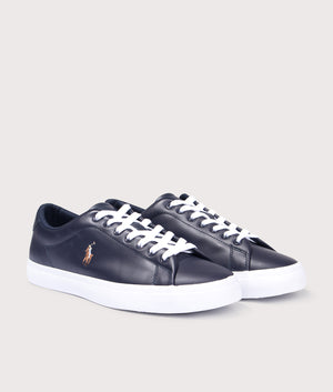 Polo Ralph Lauren Longwood Leather Low Top Sneakers in Hunter Navy. Front angle shot at EQVVS.