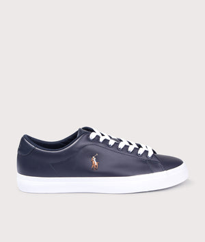 Polo Ralph Lauren Longwood Leather Low Top Sneakers in Hunter Navy. Side angle shot at EQVVS.