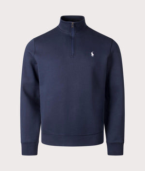 Polo Ralph Lauren Double-Knit Quarter Zip Sweatshirt in Aviator Navy Blue. Front Shot at EQVVS.