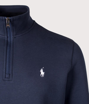 Polo Ralph Lauren Double-Knit Quarter Zip Sweatshirt in Aviator Navy Blue. Detail Shot at EQVVS.