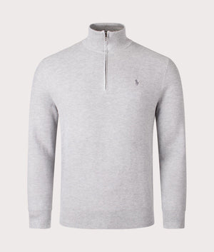 Polo Ralph Lauren Quarter Zip Contrast Logo Knit Jumper in Andover Grey. Front Shot at EQVVS.