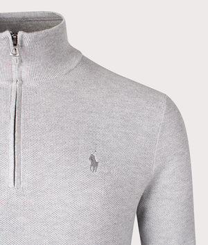 Polo Ralph Lauren Quarter Zip Contrast Logo Knit Jumper in Andover Grey. Detail Shot at EQVVS.