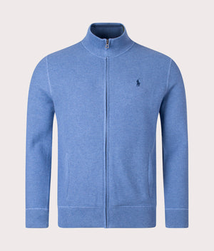 Mesh Knit Cotton Full Zip Sweatshirt in Blue Stone Heather by Polo Ralph Lauren. EQVVS Front Angle Shot.