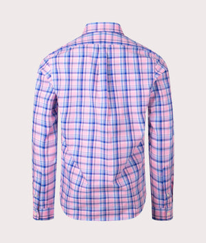 Custom Fit Gingham Stretch Poplin Shirt in Pink Blue Multi by Polo Ralph Lauren. EQVVS Back Angle Shot.