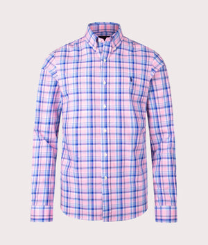 Custom Fit Gingham Stretch Poplin Shirt in Pink Blue Multi by Polo Ralph Lauren. EQVVS Front Angle Shot.