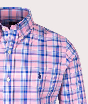 Custom Fit Gingham Stretch Poplin Shirt in Pink Blue Multi by Polo Ralph Lauren. EQVVS Detail Shot.