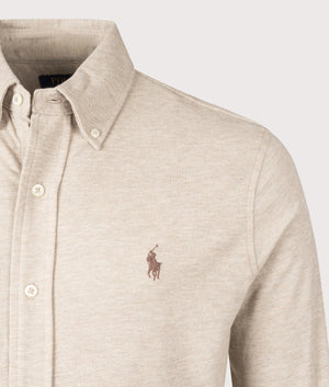 Polo Ralph Lauren Featherweight Mesh Shirt in Tuscan Beige Heather. EQVVS Detail Shot.