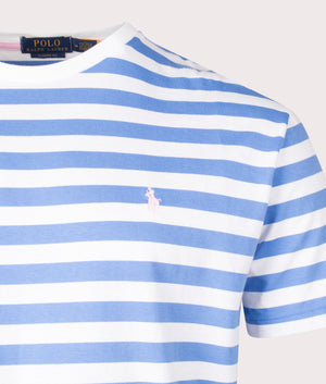 Polo Ralph Lauren Striped Classic Fit Jersey T-Shirt in Summer Blue and White, 100% Cotton Detail Shot at EQVVS